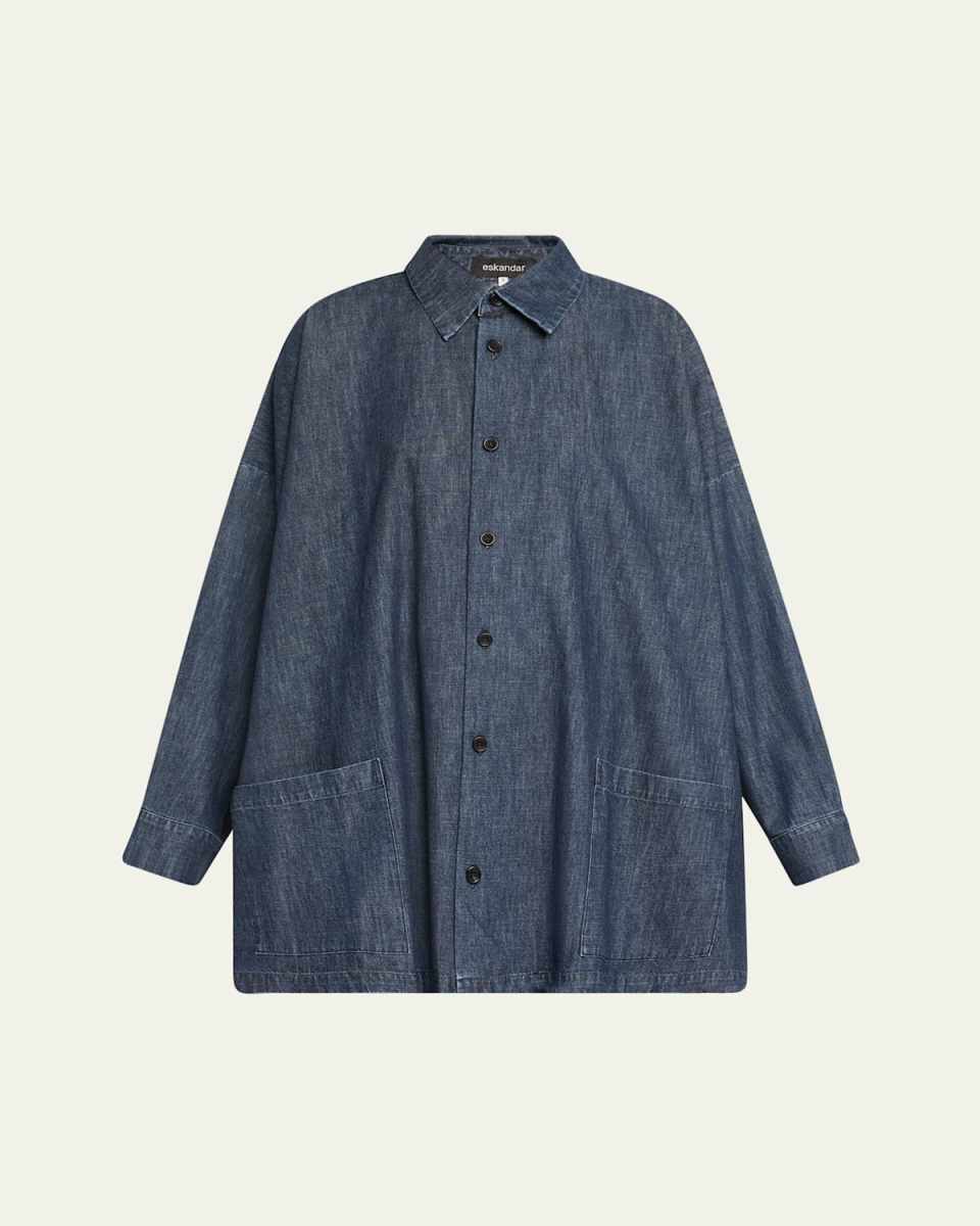 Denim Wide A-Line Shirt Jacket With Collar (Long Length)